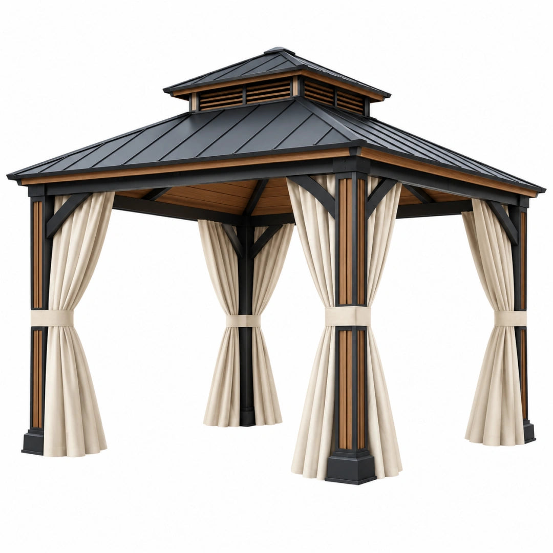 Pavillon 300 x 300 x 300 cm Metall Schwarz Braun Creme mit Vorhängen