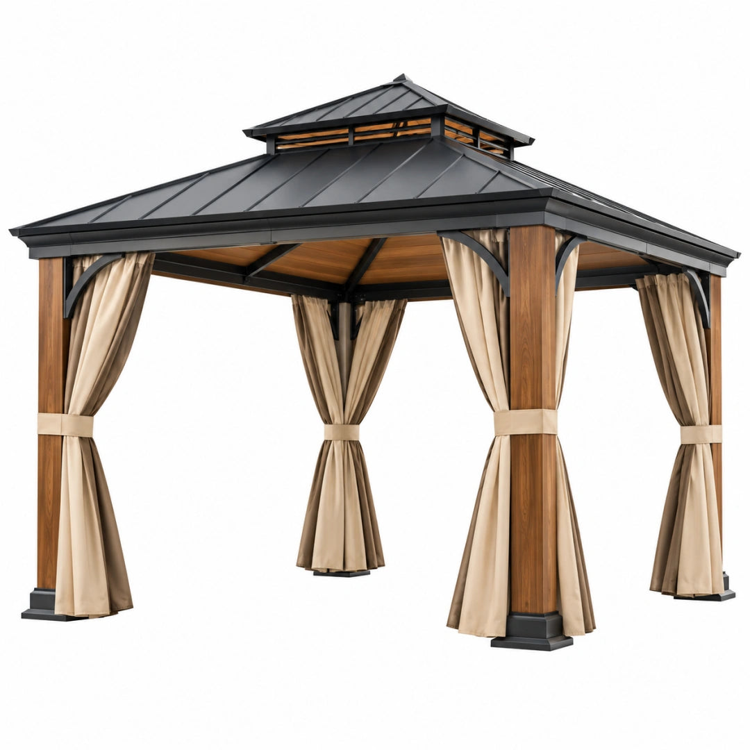 Pavillon 300 x 300 cm Metall Holzoptik Beige mit Vorhängen und Metalldach