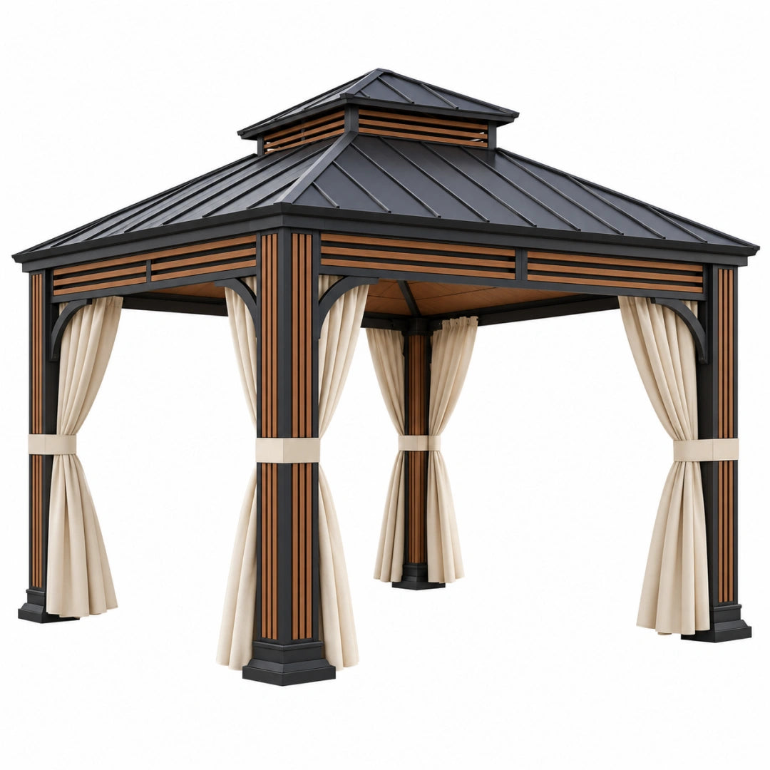 Pavillon 300 x 300 x 300 cm aus Metall in Schwarz/Braun mit Vorhängen