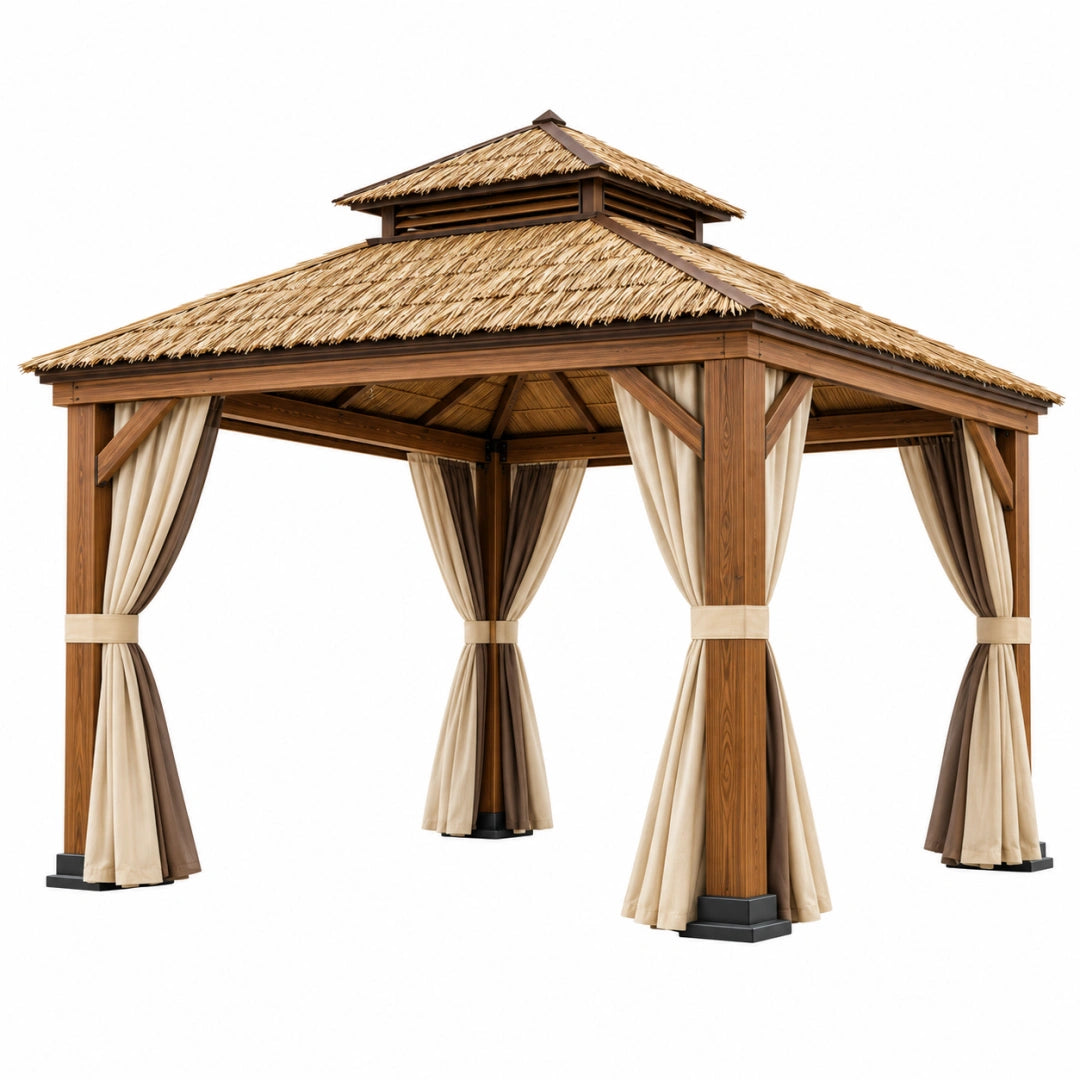 Gartenpavillon 300 x 300 cm Holz Strohdach mit Vorhängen im tropischen Stil