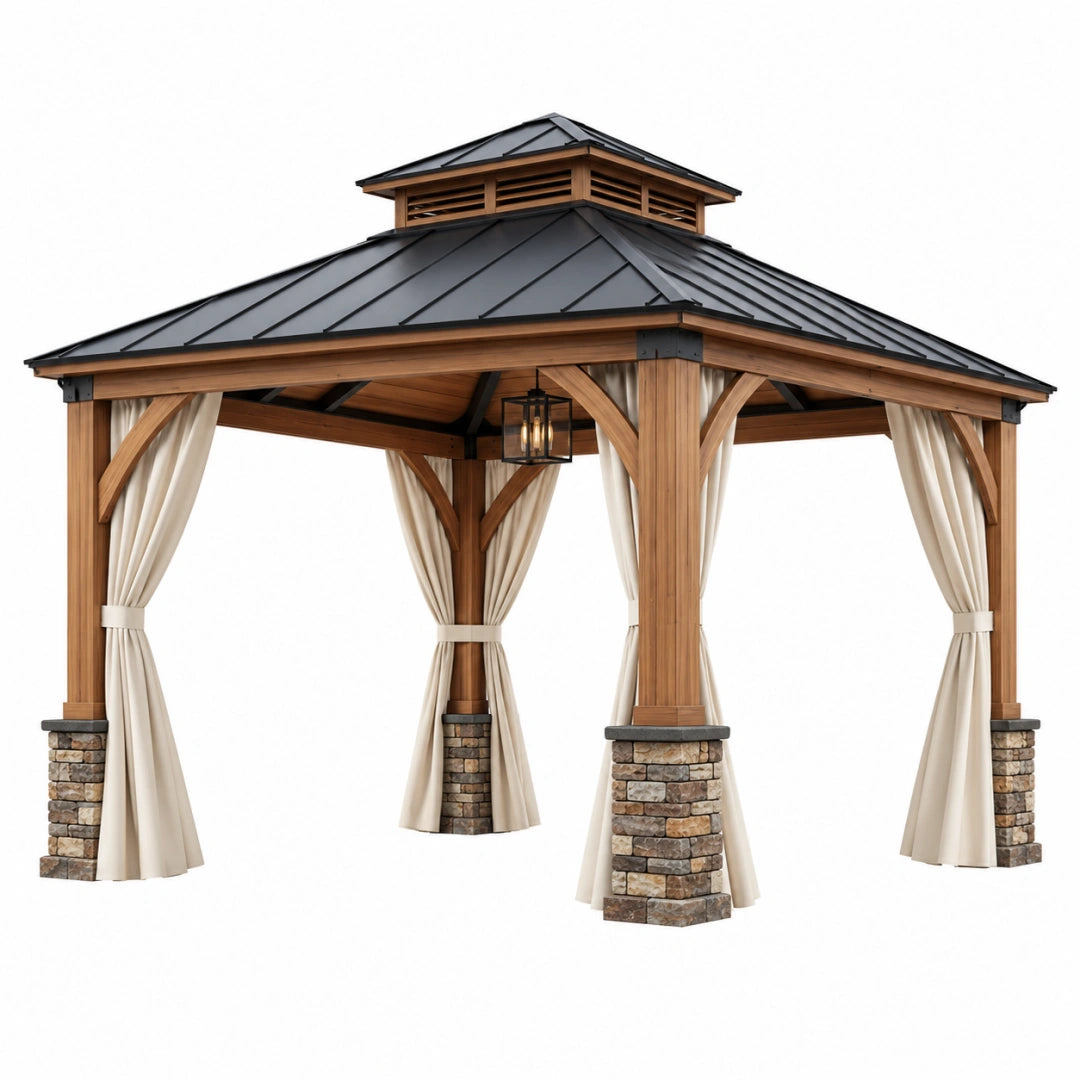 Gartenpavillon 400 x 400 cm Holz Braun mit Metalldach Anthrazit und Vorhängen