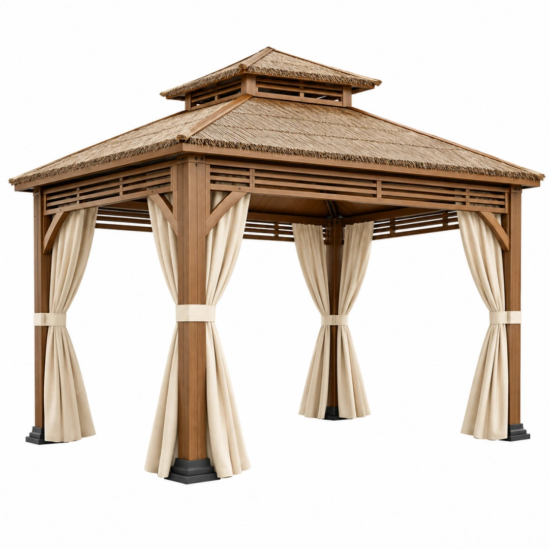 Gartenpavillon 300 x 300 cm aus Holz Naturbraun Beige mit Vorhängen im tropischen Stil