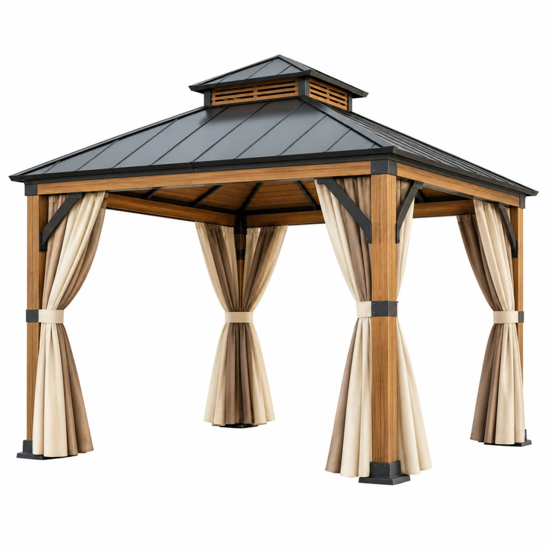 Pavillon 300 x 300 cm Holz Metall Beige mit Vorhängen für Garten