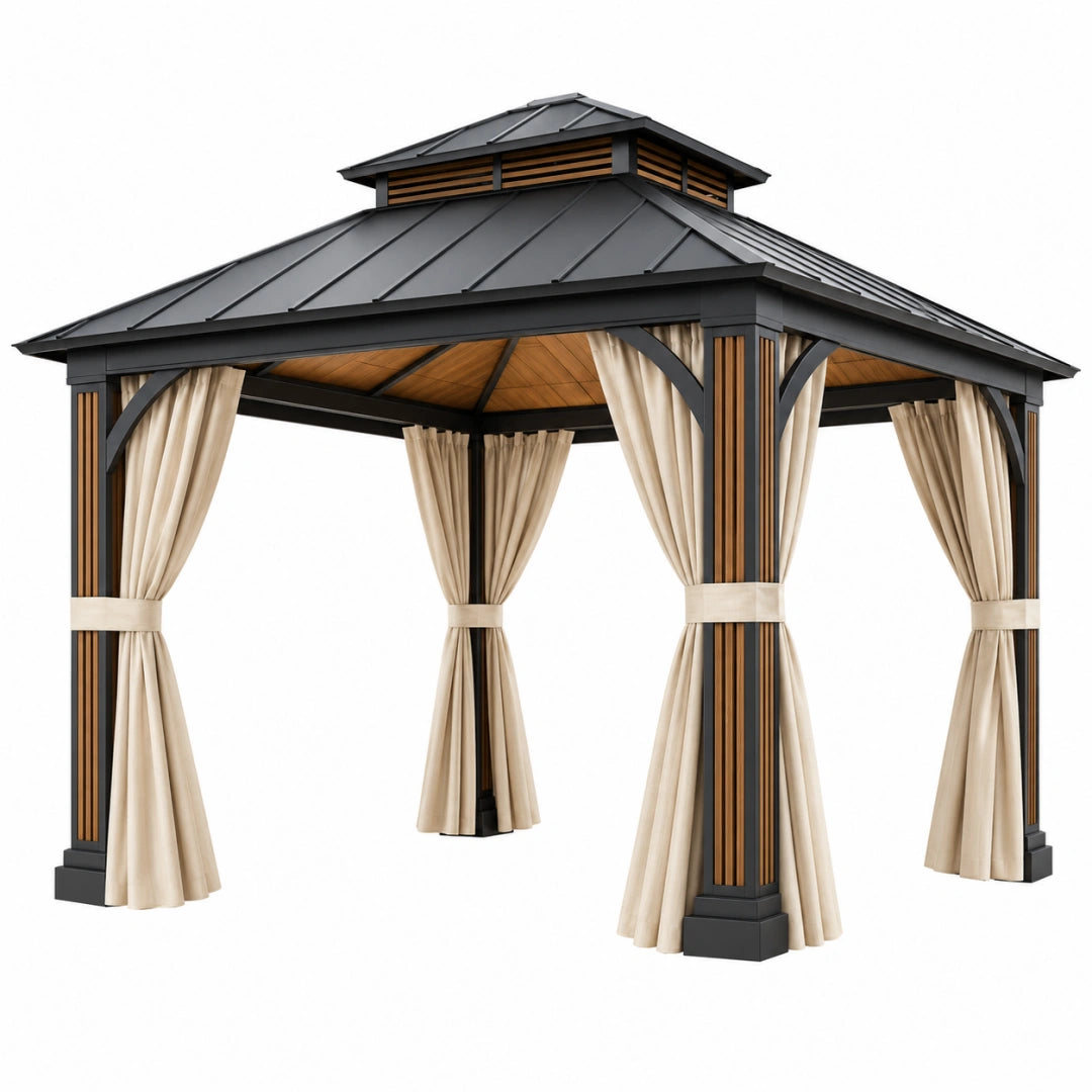 Pavillon 300 x 300 x 300 cm aus Metall in Schwarz Braun mit Vorhängen für Garten und Terrasse
