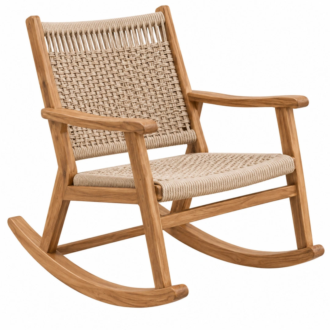 Schaukelstuhl 105 x 65 x 100 cm aus Teakholz Naturbraun Beige mit Seilgeflecht