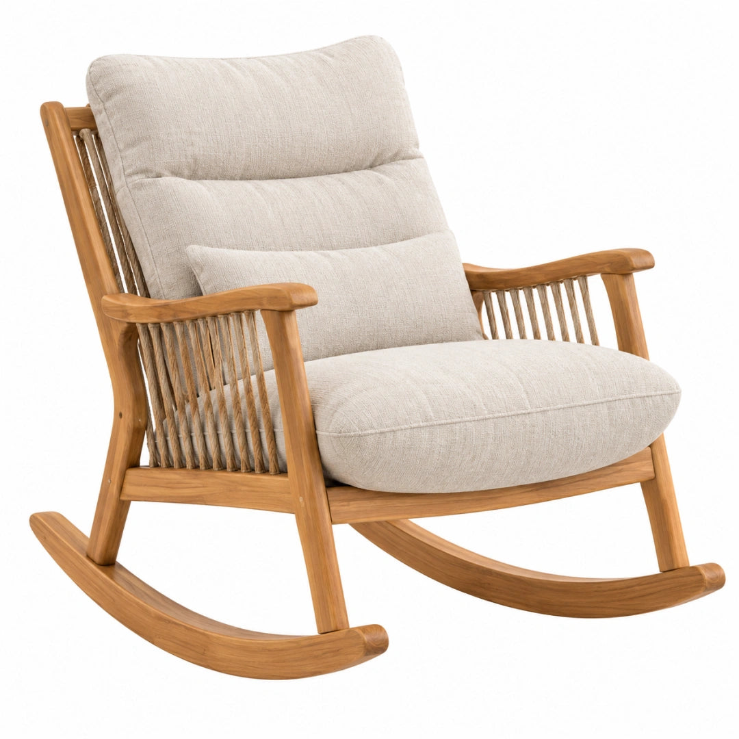 Schaukelstuhl 70 x 95 x 100 cm Holz Naturbeige mit Textilpolsterung - Relaxsessel im Naturstil