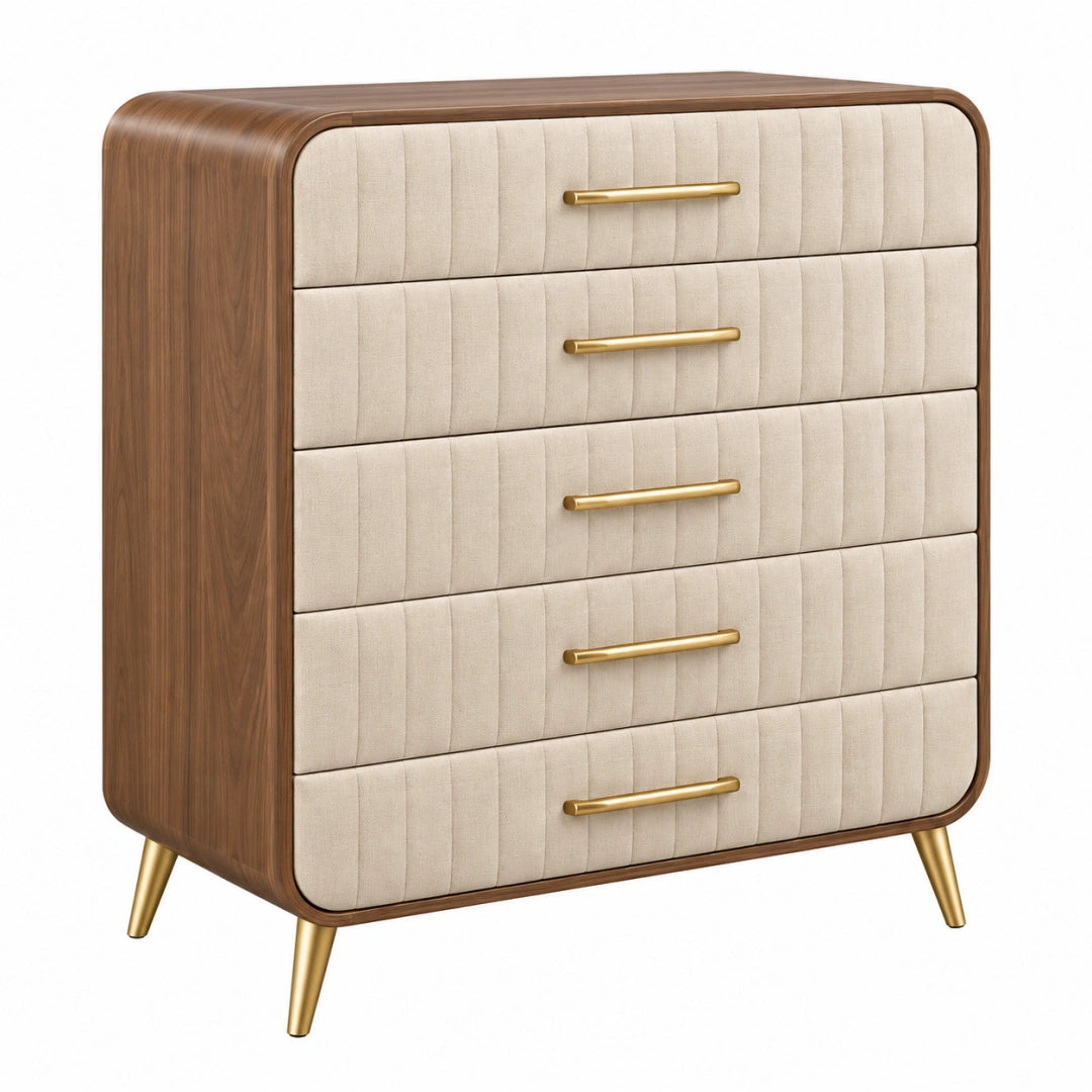 Kommode 90 x 45 x 120 cm aus Holz und Textil in Braun Beige mit 5 Schubladen