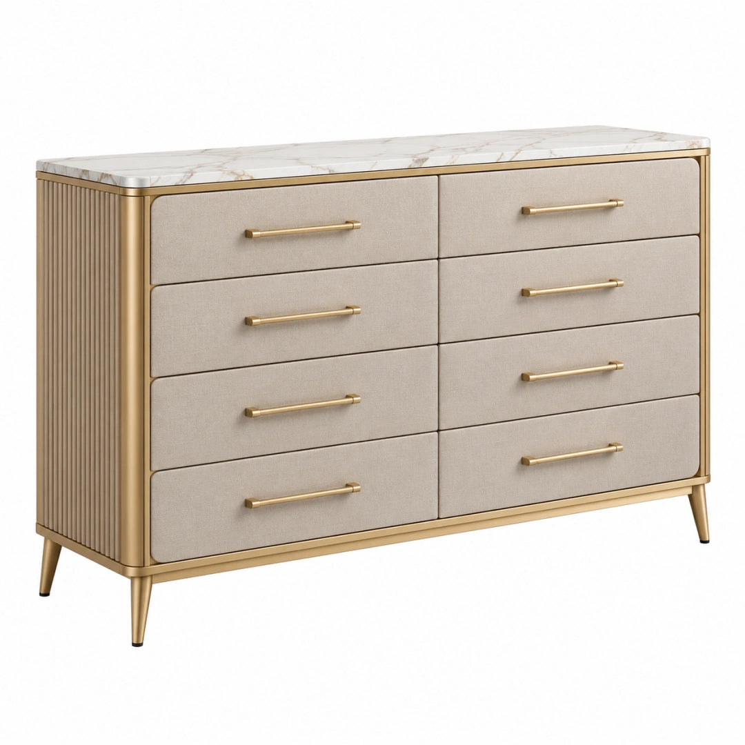 Kommode 150 x 45 x 85 cm in Beige Gold mit Marmoroptik Metallrahmen und 8 Schubladen