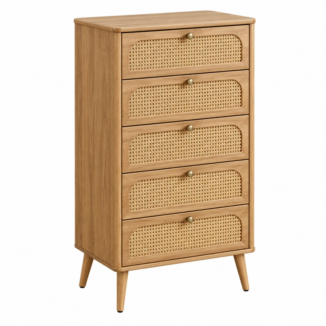 Kommode 80 x 40 x 120 cm Holz Natur mit Rattangeflecht 5 Schubladen Boho-Stil
