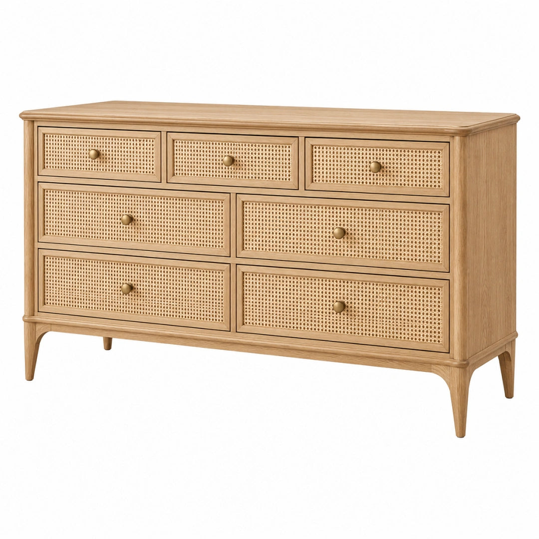 Kommode 140 x 45 x 90 cm aus Holz in Natur mit Rattangeflecht im Retro-Stil
