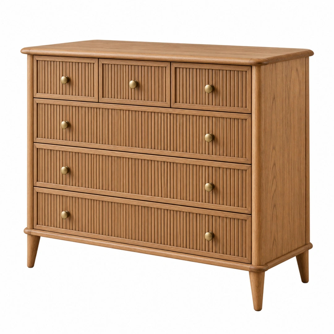 Kommode 120 x 45 x 110 cm aus Holz in Naturbraun mit 6 Schubladen im Retro-Stil