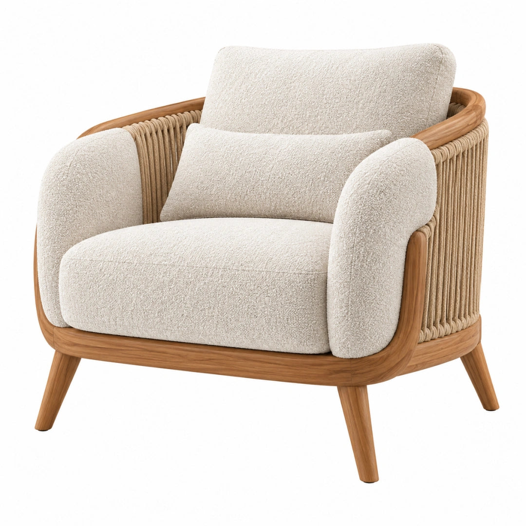 Sessel 85 x 82 x 78 cm aus Holz und Kordelgeflecht in Creme Natur - Bouclé Wohnzimmersessel