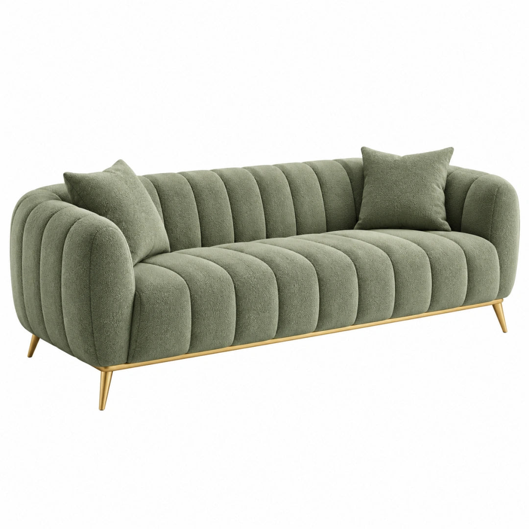 2-Sitzer Sofa 180 x 88 x 82 cm olivgrüner Stoffbezug mit goldfarbenen Metallfüßen geriffeltes Design