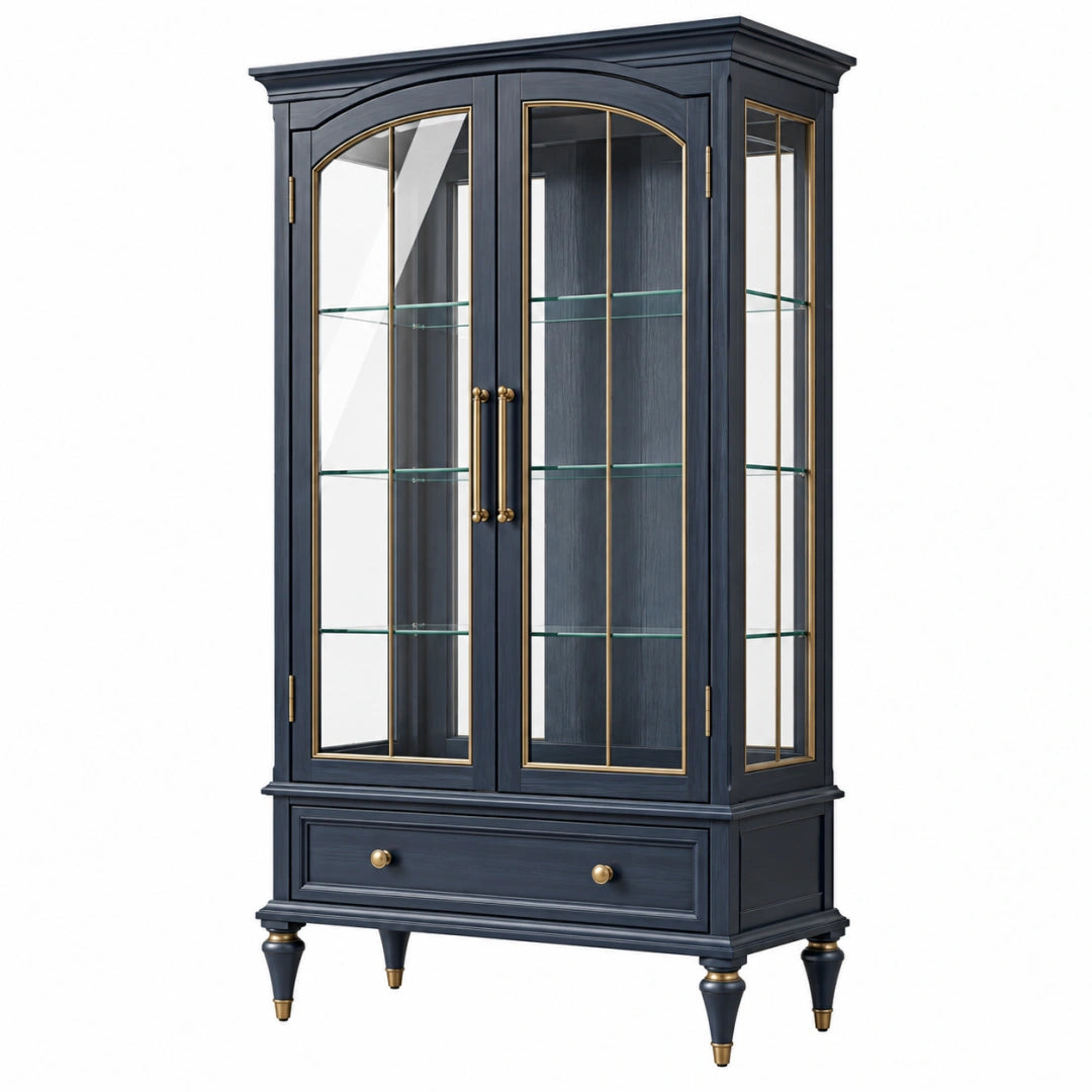 Vitrine 90 x 45 x 190 cm Holz und Glas Dunkelblau mit Schublade im klassischen Stil