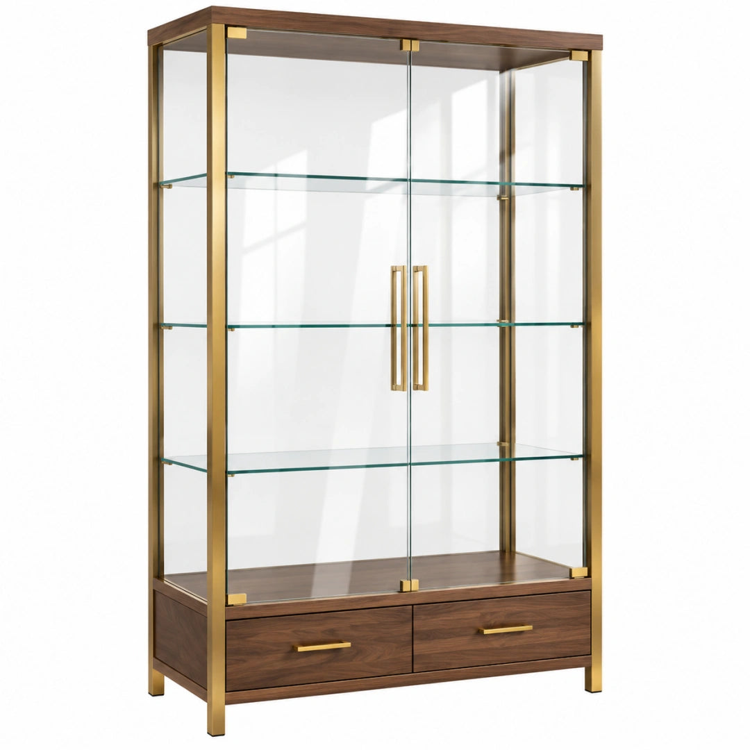 Vitrine 90 x 40 x 180 cm aus Glas Metall und Holzwerkstoff walnussbraun goldfarben mit 2 Schubladen