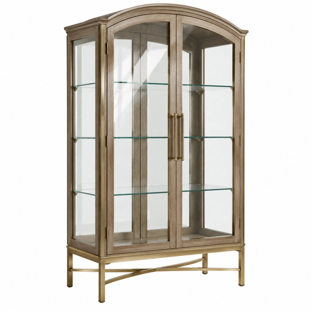 Vitrine 100 x 45 x 190 cm aus Holz und Glas in Greige mit Metallgestell klassischer Stil