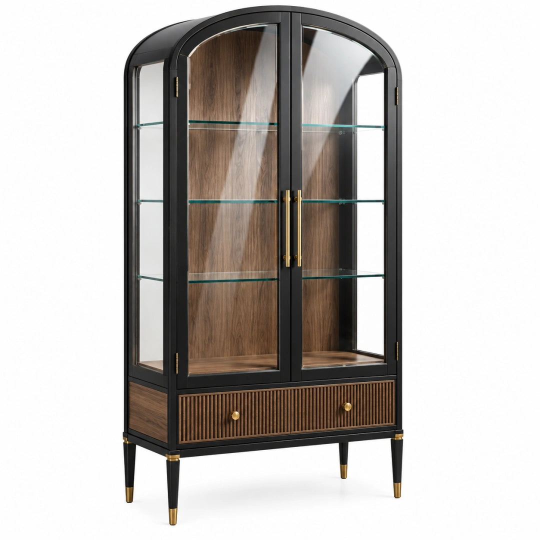Vitrine 90 x 45 x 190 cm aus Holz Glas und Metall in Schwarz Braun mit 2 Türen und Schublade