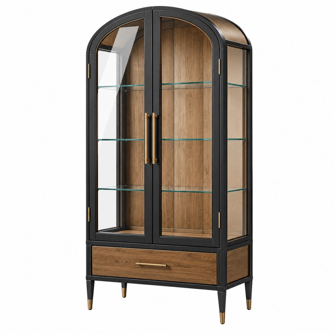Vitrine 100 x 45 x 200 cm aus Holz und Glas Braun Schwarz - 2 Türen 1 Schublade