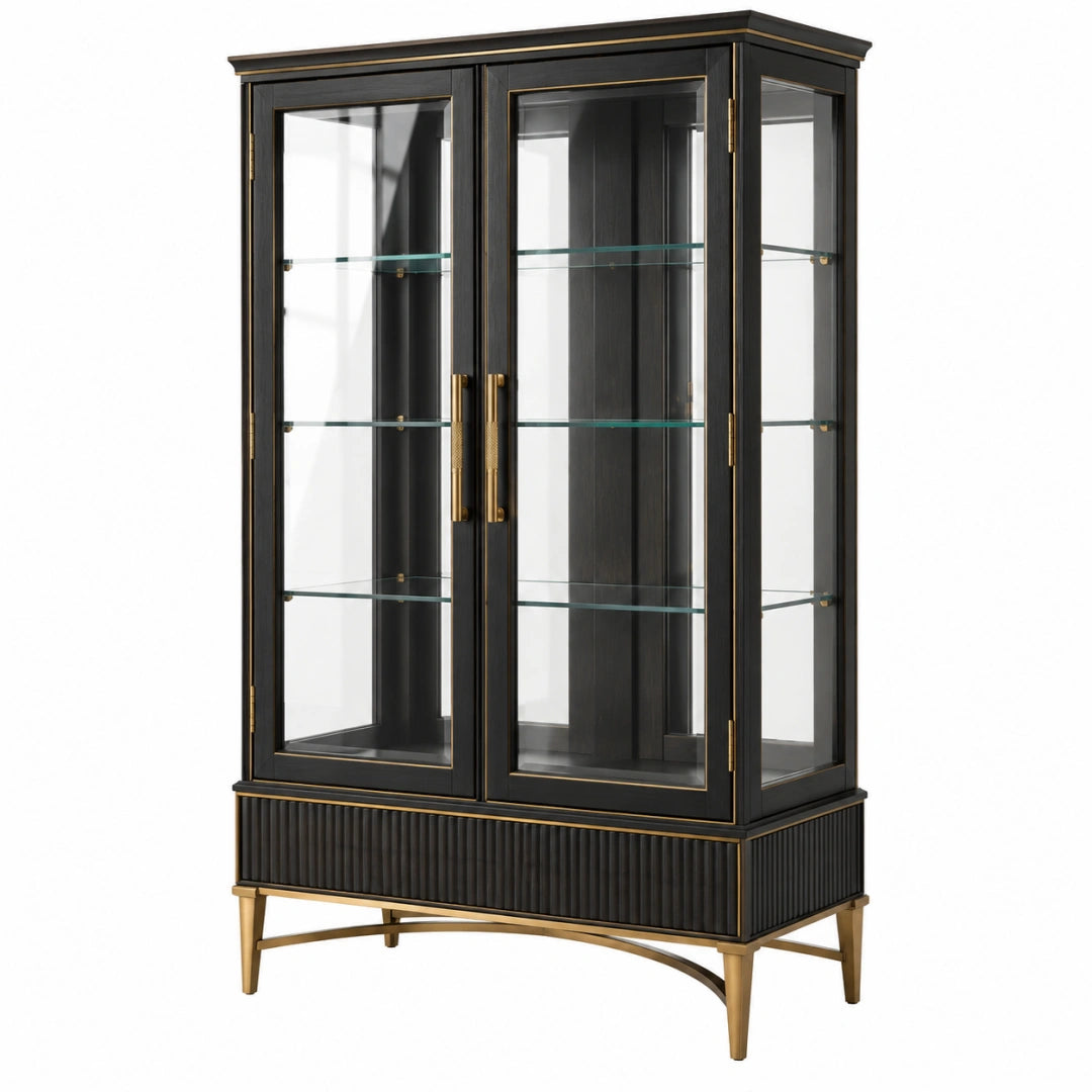 Vitrine 100 x 45 x 190 cm aus Holzwerkstoff und Glas Schwarz Gold mit Glastüren im Art-Déco-Stil