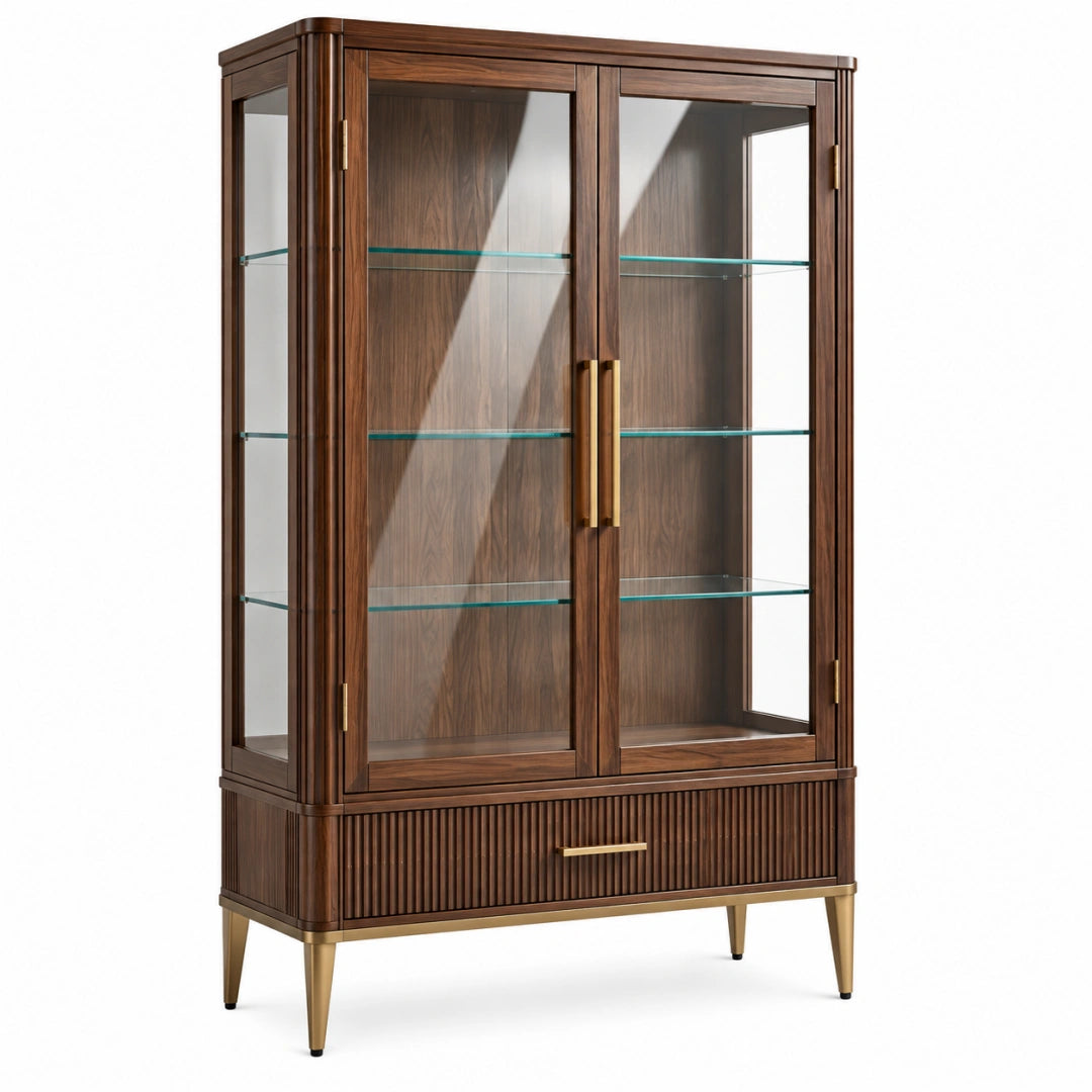 Vitrine 100 x 45 x 190 cm aus Holz und Glas in Walnussbraun mit Schublade im klassischen Stil
