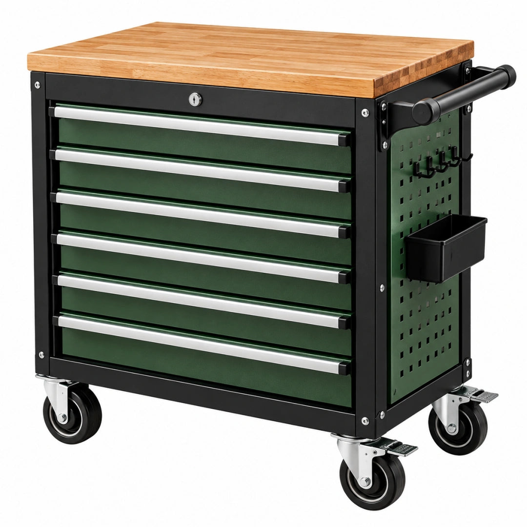 Werkzeugwagen 77 x 46 x 98 cm aus Stahl in Grün Schwarz mit Bambusarbeitsplatte und 7 Schubladen