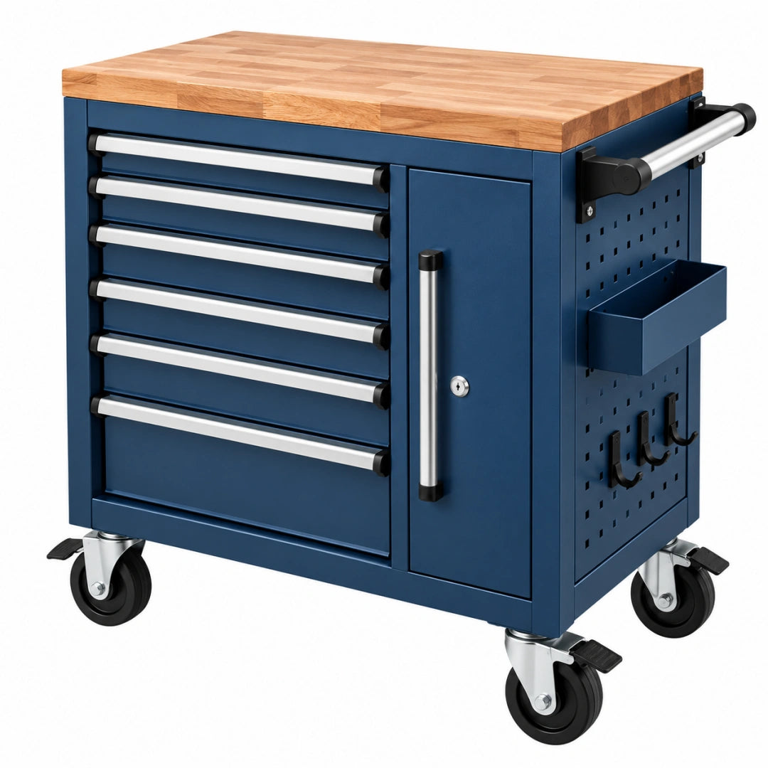 Werkzeugwagen 85 x 50 x 95 cm aus Stahl und Holz Blau mit 7 Schubladen Rollen