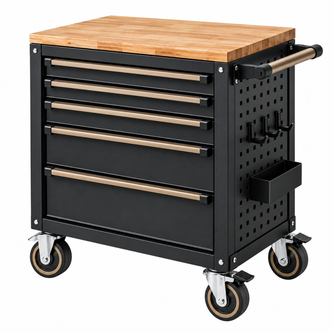 Werkzeugwagen 76x46x95 cm aus Stahl und Holz Schwarz Natur mit 6 Schubladen und Rollen