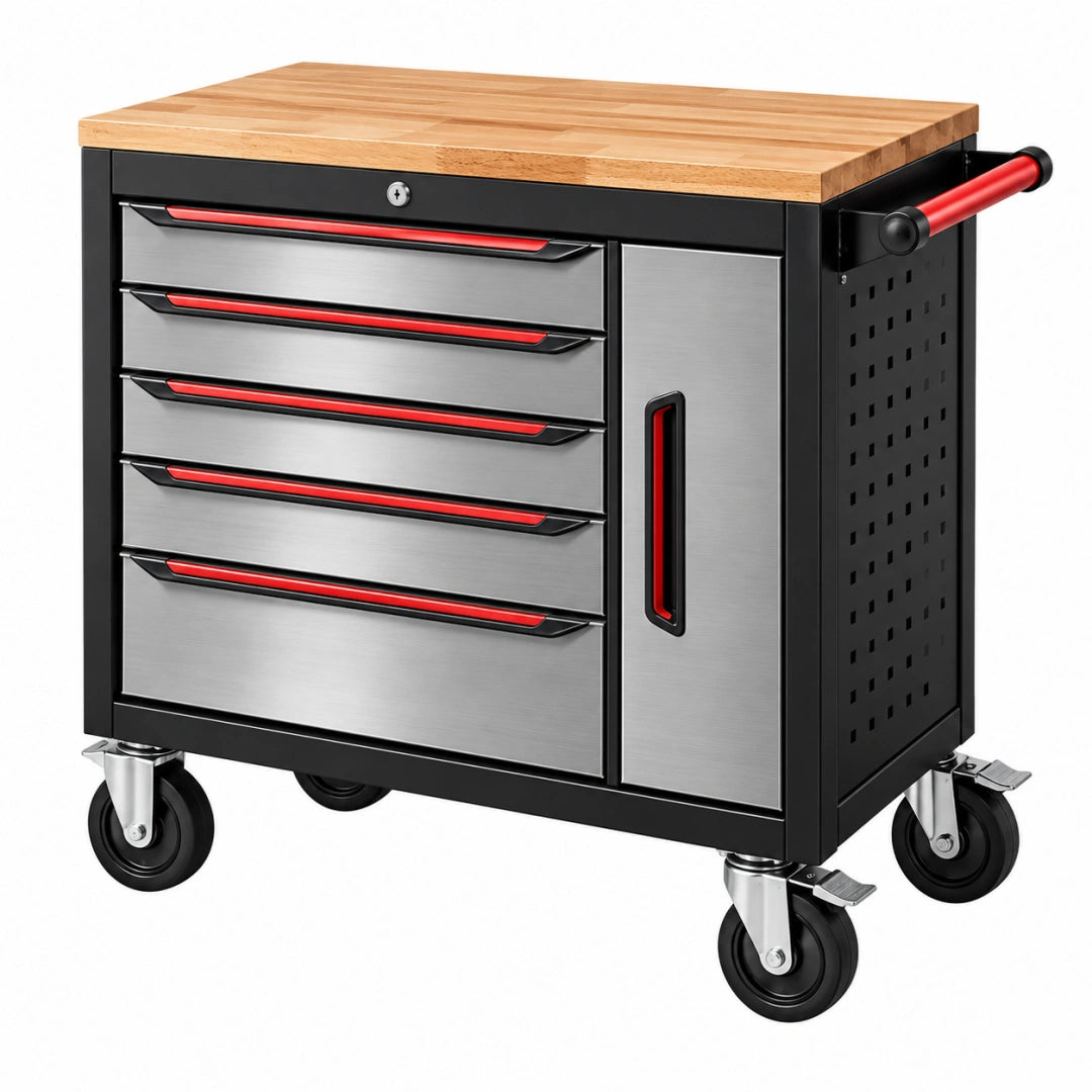 Werkstattwagen 85 x 46 x 95 cm aus Stahl mit Holzarbeitsplatte abschließbar