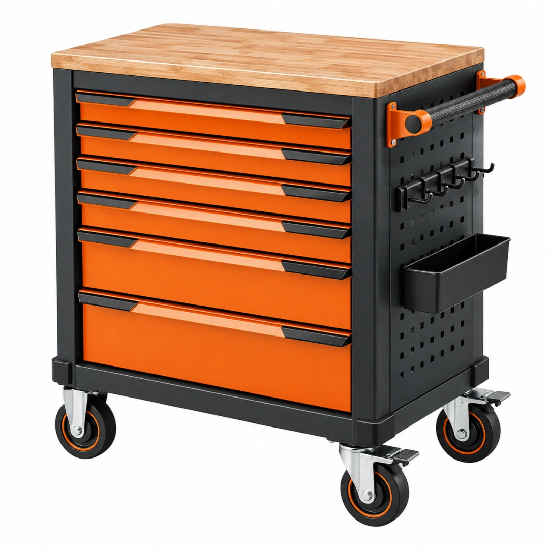 Werkzeugwagen 77 x 46 x 95 cm aus Stahl und Holz in Orange Schwarz mit 7 Schubladen und Rollen