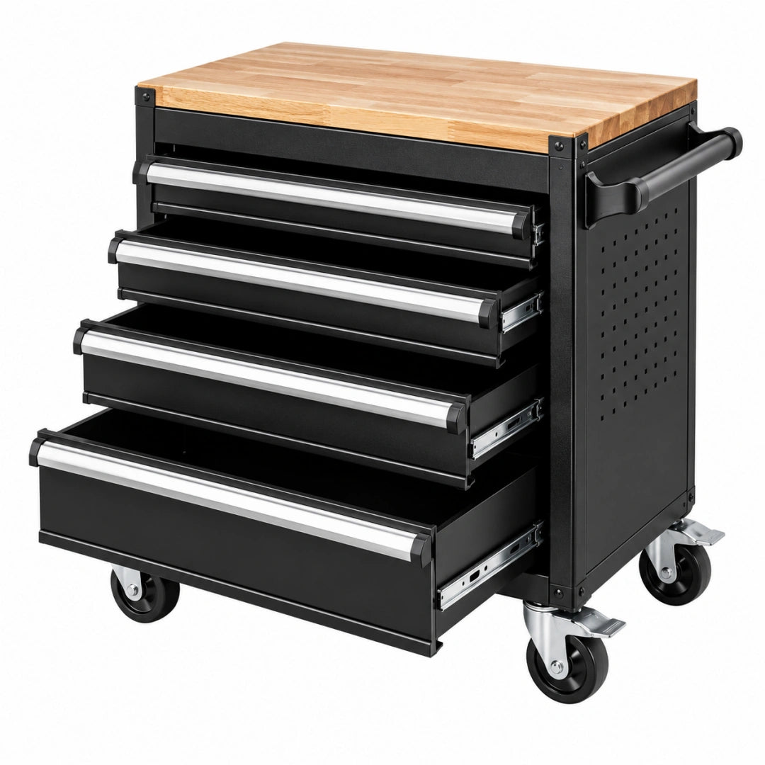 Werkzeugwagen 77x46x97 cm Stahl Holz Schwarz rollbar mit 5 Schubladen