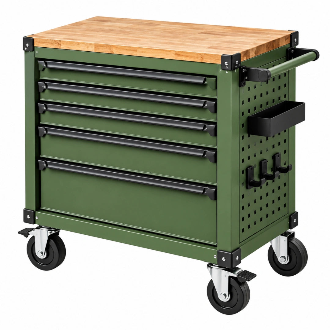 Werkzeugwagen 85 x 46 x 98 cm aus Stahl Grün mit Holzarbeitsplatte und 6 Schubladen
