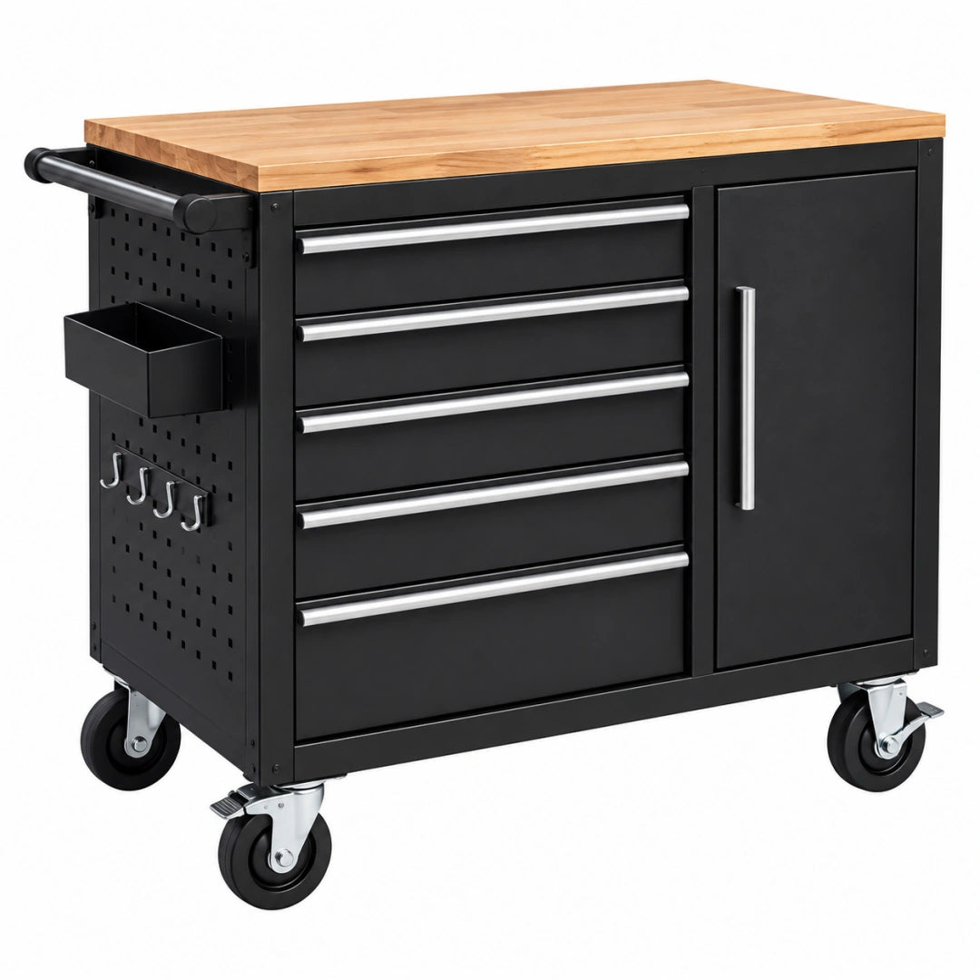 Werkzeugwagen 85 x 46 x 95 cm Stahl Schwarz mit Holzarbeitsplatte und Rollen