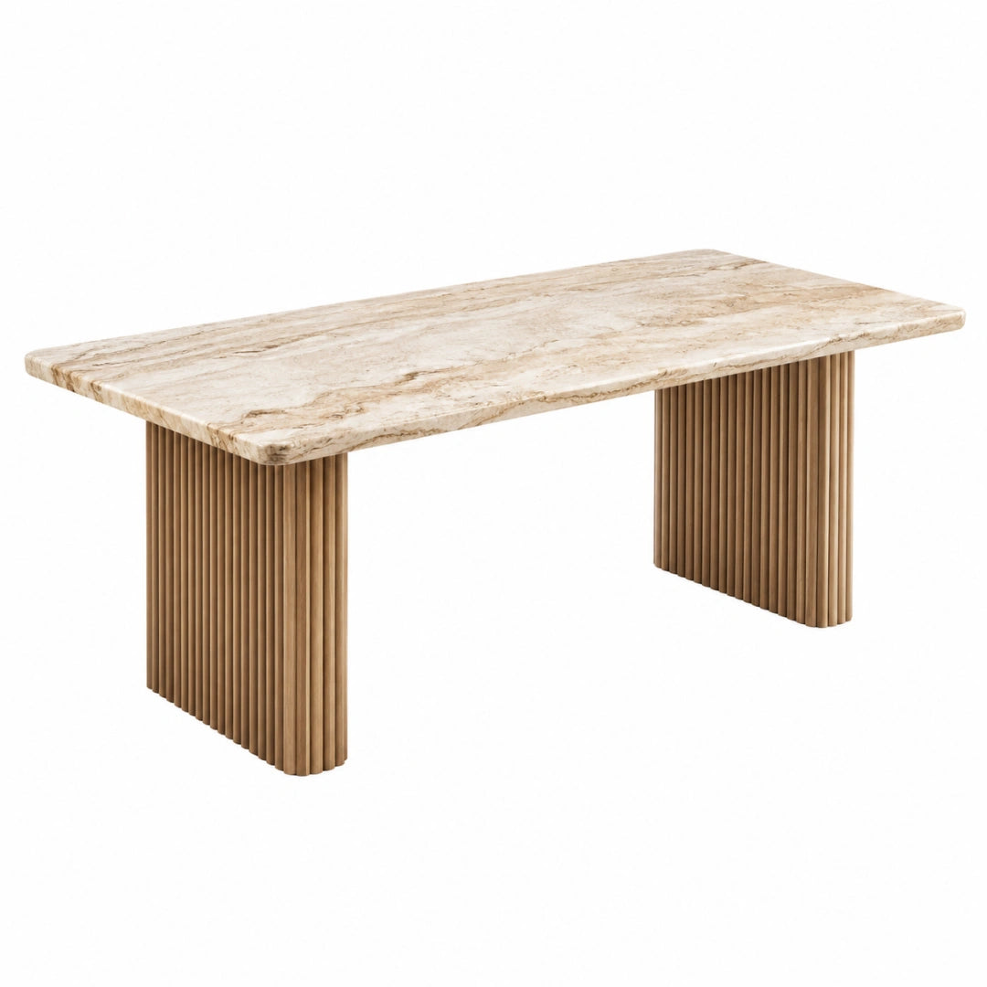 Esstisch 180 x 90 x 75 cm mit Steinplatte in Beige und gerillten Holzbeinen