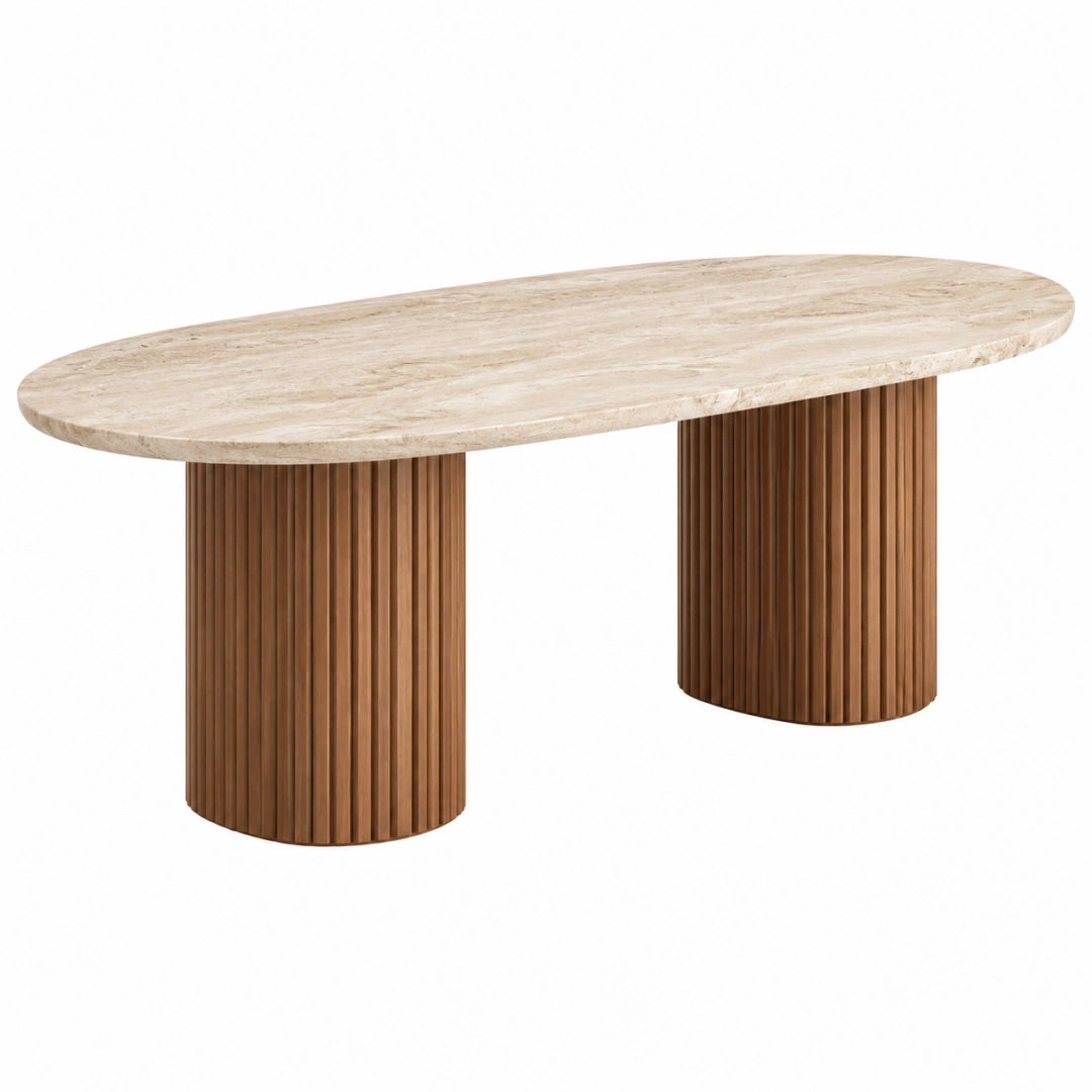 Esstisch 180 x 100 x 75 cm Beige Braun mit Marmorplatte und geriffeltem Holzgestell