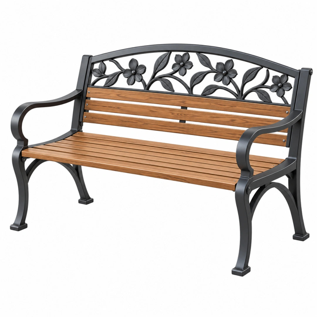 Gartenbank 122 cm Metall Holz Braun Schwarz mit floralem Rückenteil