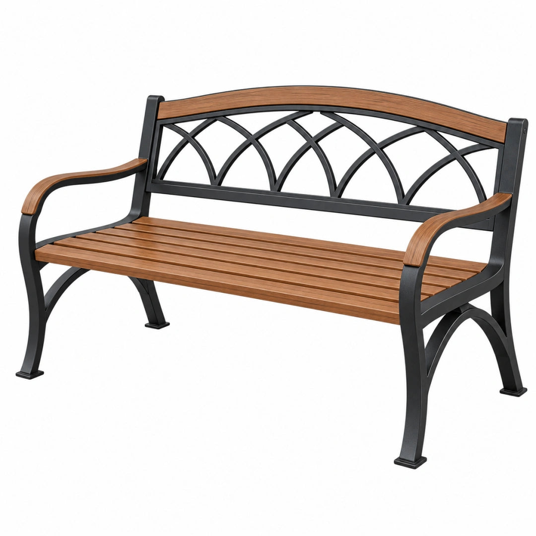 Gartenbank 122 x 61 x 88 cm aus Metall und Holzoptik Braun Schwarz mit Armlehnen