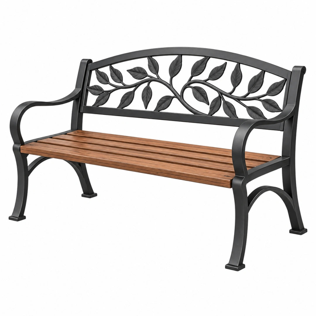 Gartenbank 122 x 62 x 86 cm aus Metall und Holz Braun Schwarz mit Blattmotiv