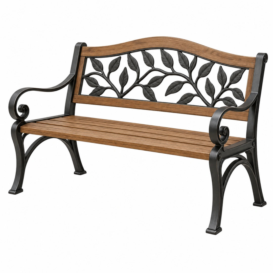 Gartenbank 122 cm Braun Schwarz aus Holz und Metall mit Blattmotiv