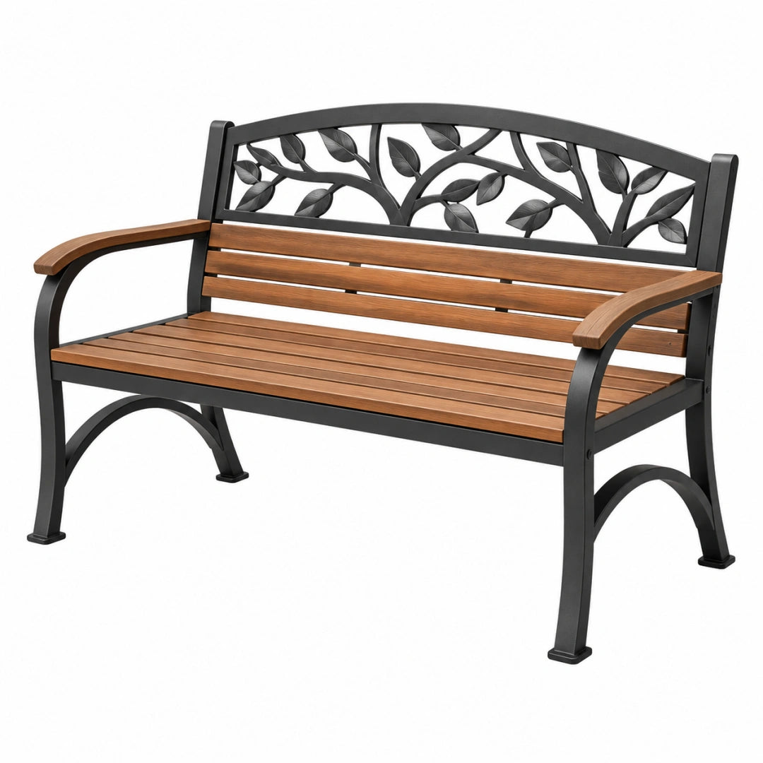 Gartenbank 122 x 63 x 88 cm Holz Metall Braun Schwarz mit Armlehnen Blattmotiv