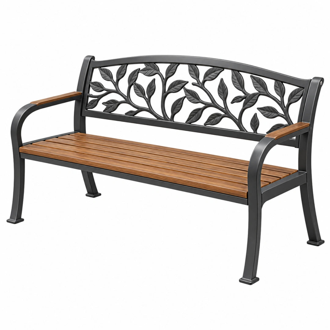 Gartenbank 125 x 63 x 88 cm Metall und Holz Braun Schwarz mit Blätterrückenlehne
