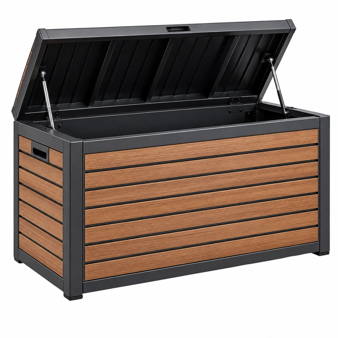 Auflagenbox 120 x 61 x 63 cm Aluminium Holzoptik Braun Schwarz mit Gasdruckfedern für den Außenbereich