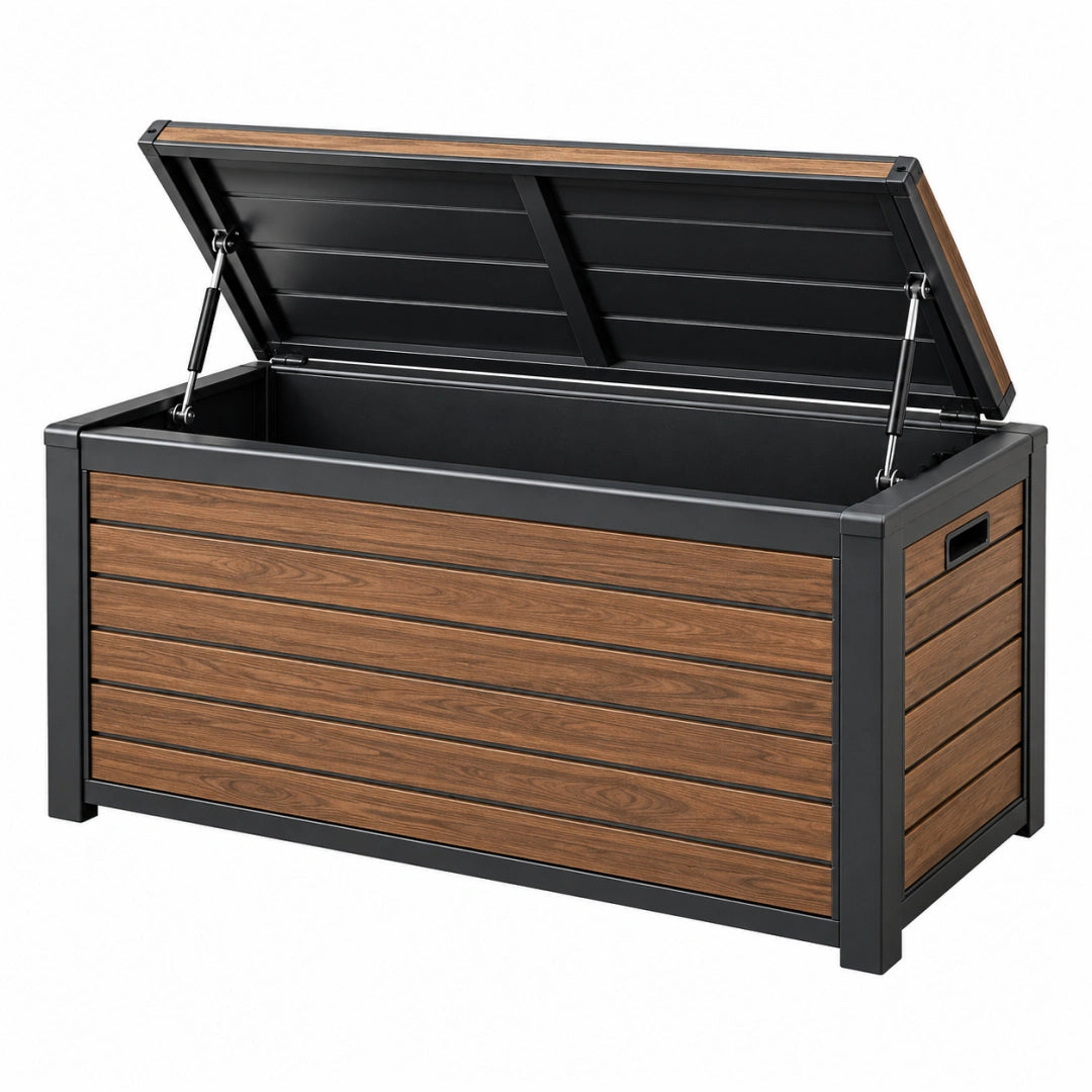 Garten-Aufbewahrungsbox 120 x 65 x 65 cm Stahl Kunststoff Braun Schwarz mit Klappdeckel