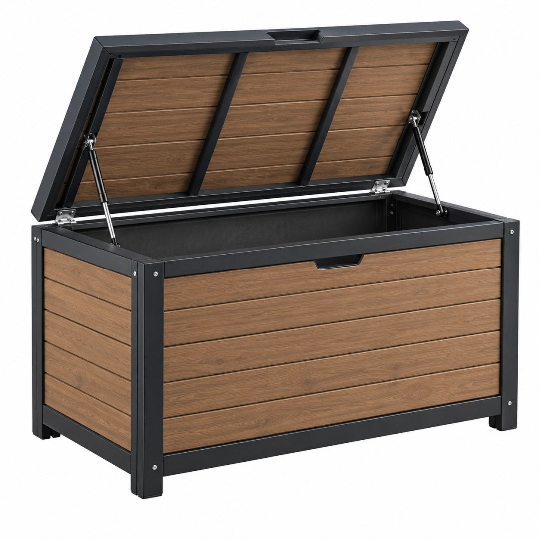 Aufbewahrungsbox 120 x 60 x 63 cm Metall Kunststoff Braun Schwarz mit Klappdeckel für Außenbereich