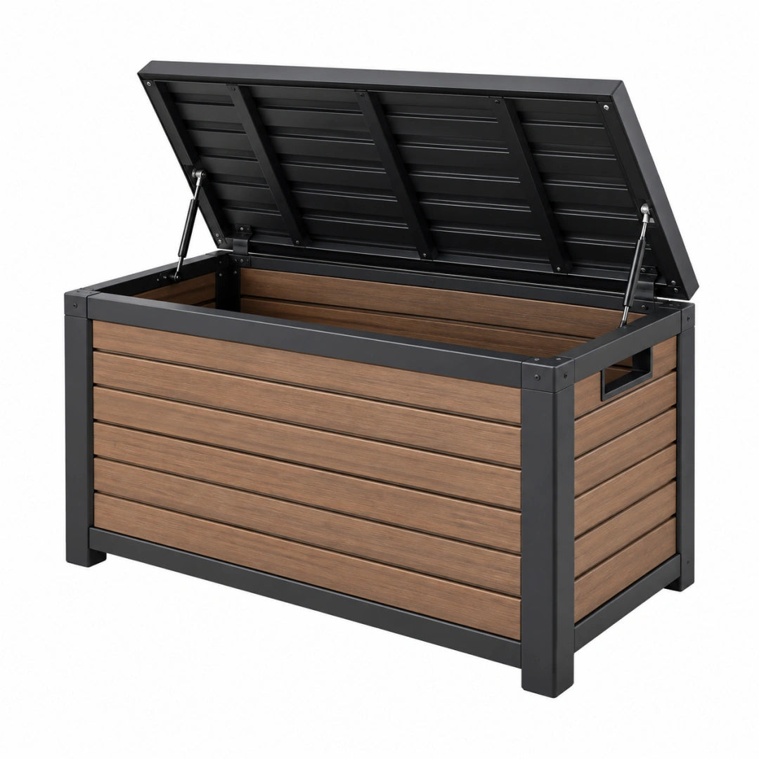 Garten-Aufbewahrungsbox 120 x 60 x 63 cm Aluminium WPC Braun Schwarz mit Klappdeckel